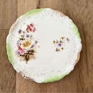 Antique Vtg Hand Painted & Engraved Floral Serving Plate Dish 6.5”, Flat Bottom
